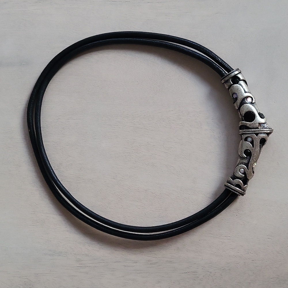 Black Leather Cord Necklace with Silver Ornate Accent